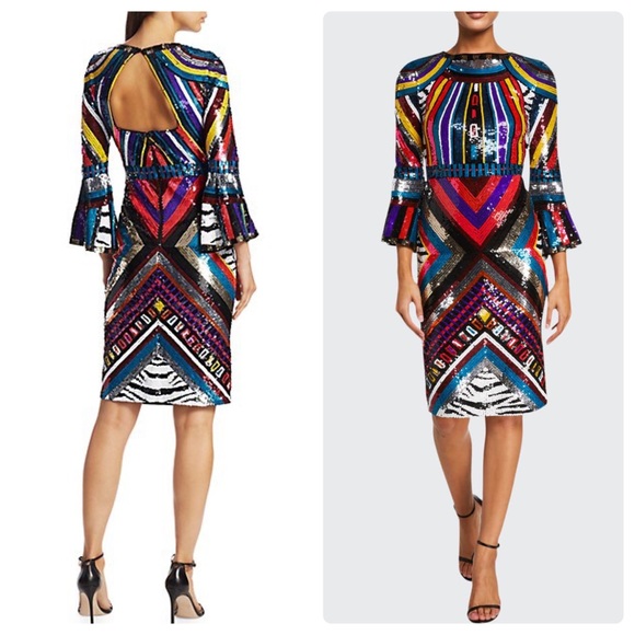 ALICE + OLIVIA Jae Sequin Fitted Midi Dress - Picture 1 of 11